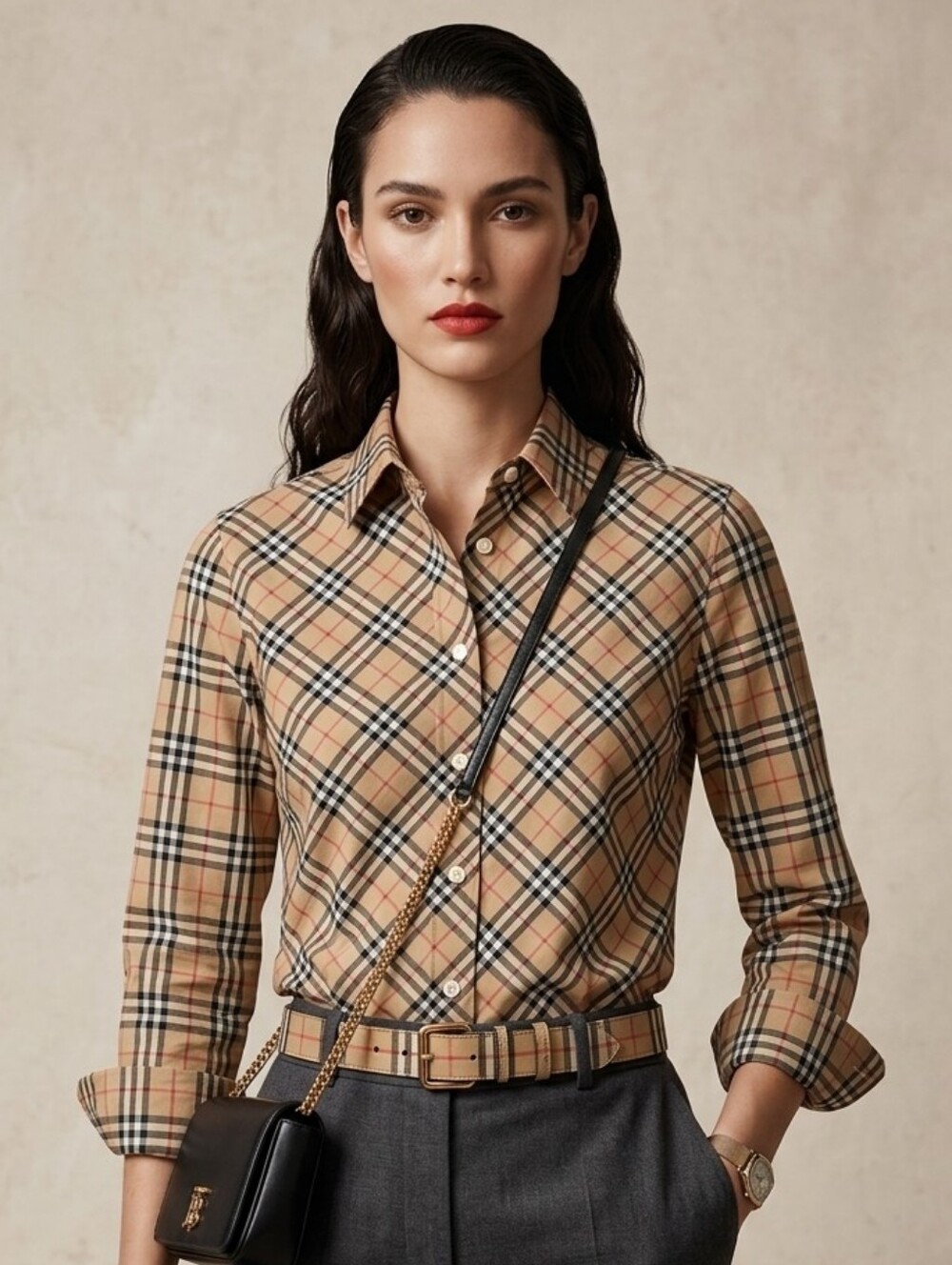 Burberry Classic Beige Plaid Button-Down Shirt